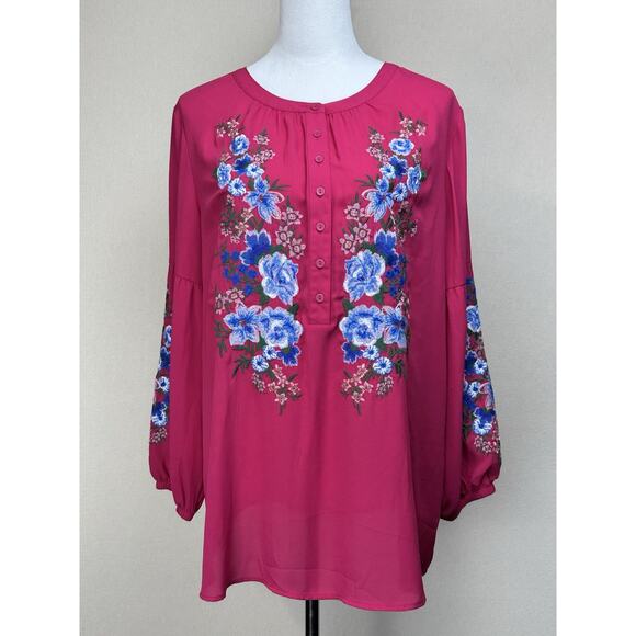 Pioneer Woman Pink Floral Embroidered 100% Polyester 3/4 Sleeve Blouse Large - Picture 1 of 13